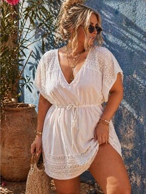 White Cotton Crochet Dress Swim Cover Up Tunic Beach Coastal XXL
mediterranean